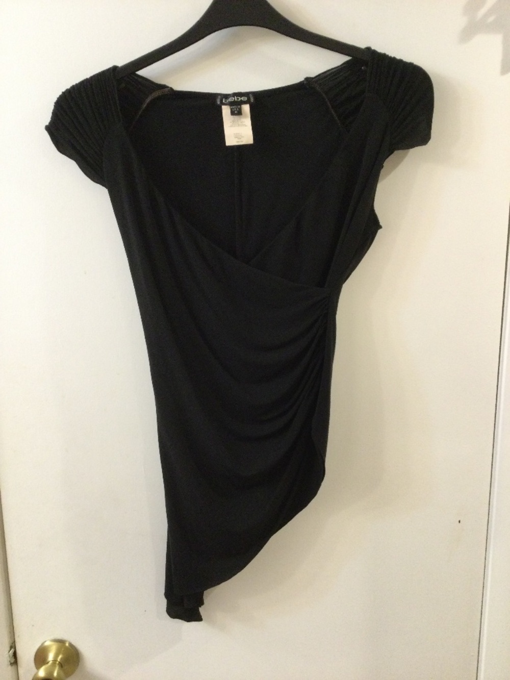 Bebe Black Ruched Wrap Asymmetrical Hem Jersey Top S/M Shaping Vintage Rare